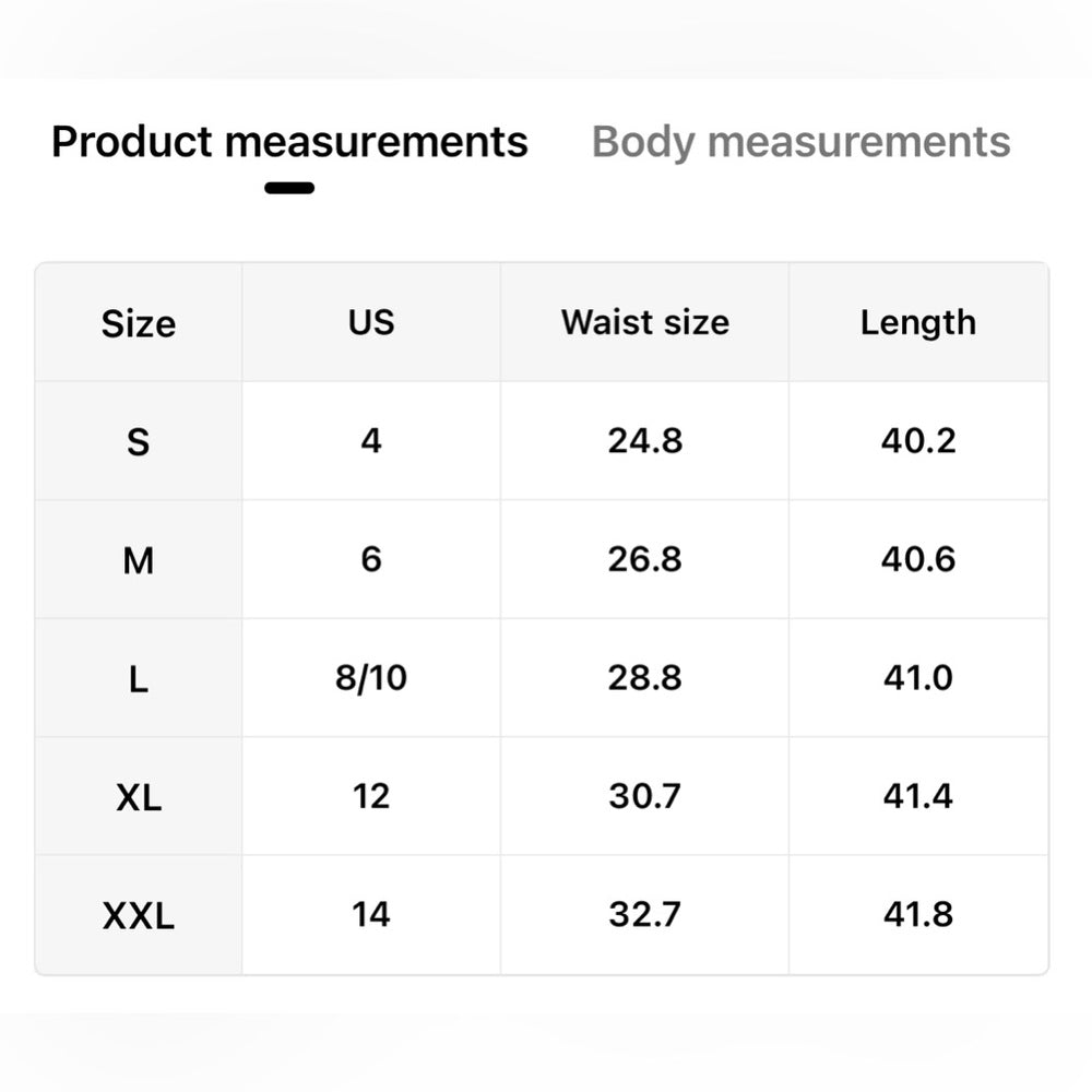 Table of product measurements including size, US, waist size, and length.