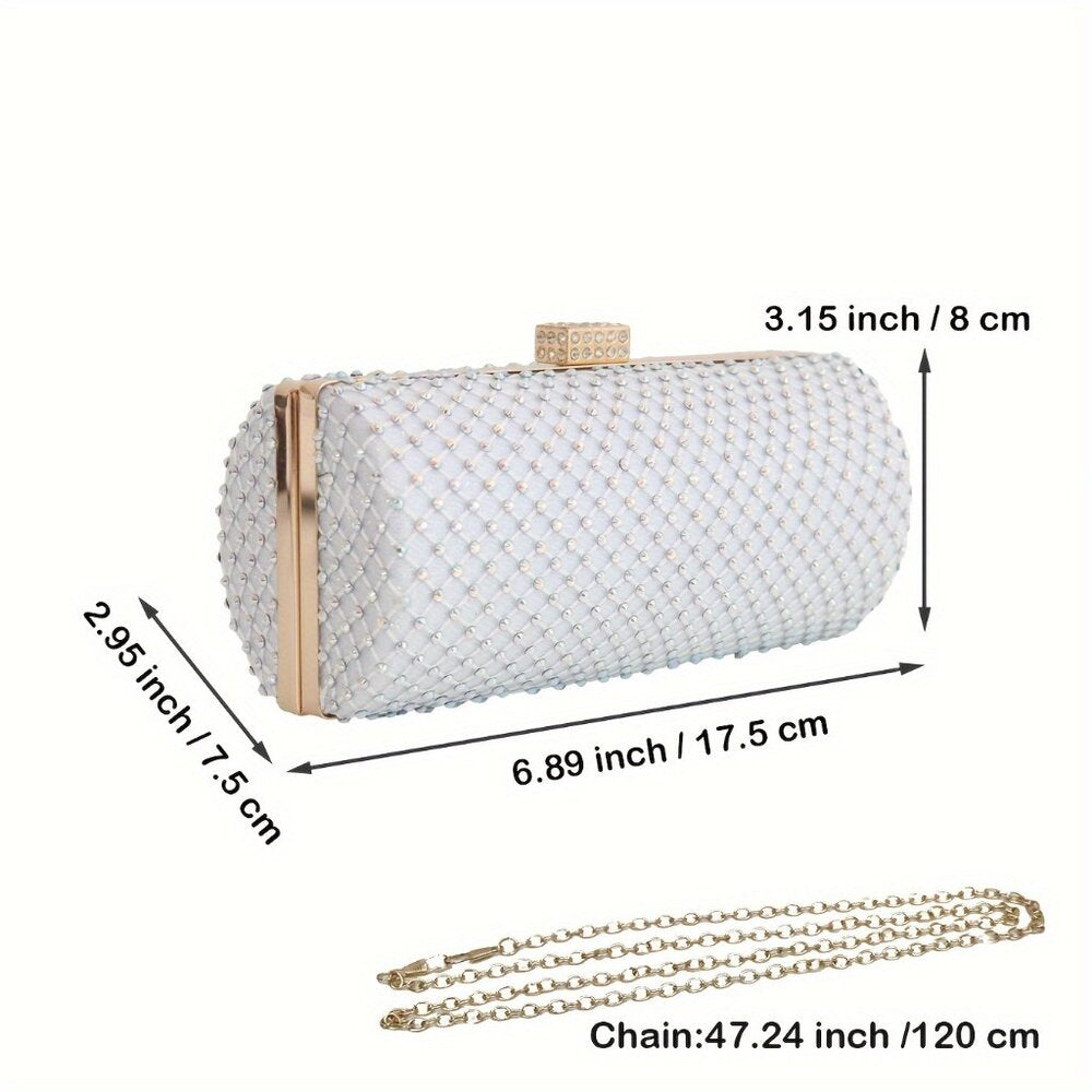 White clutch bag with gold chain and measurements on a white background