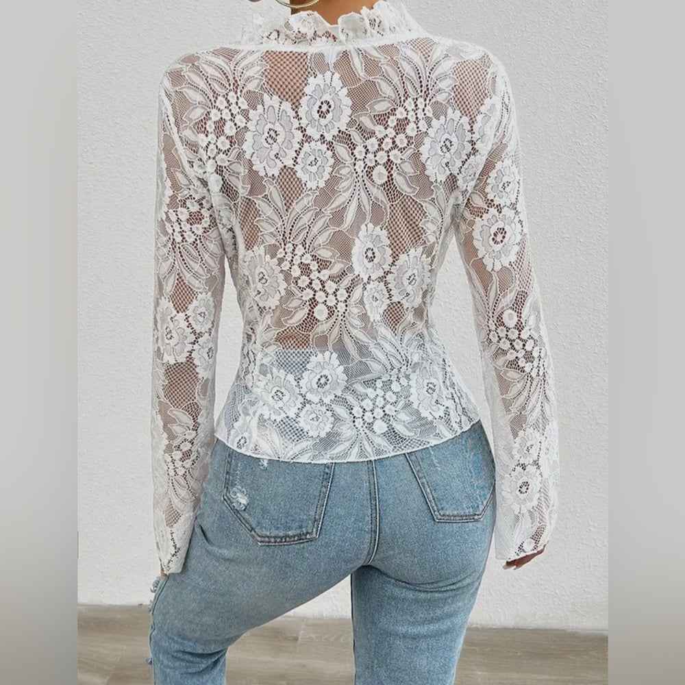 Passion Sexy Low Cut Long Sleeve Lace Solid Color Blouse