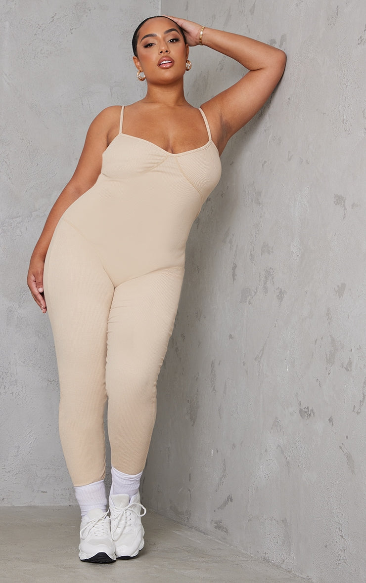 Plus Oatmeal Seam Detail Rib Jumpsuit - Passion of Essence Boutique