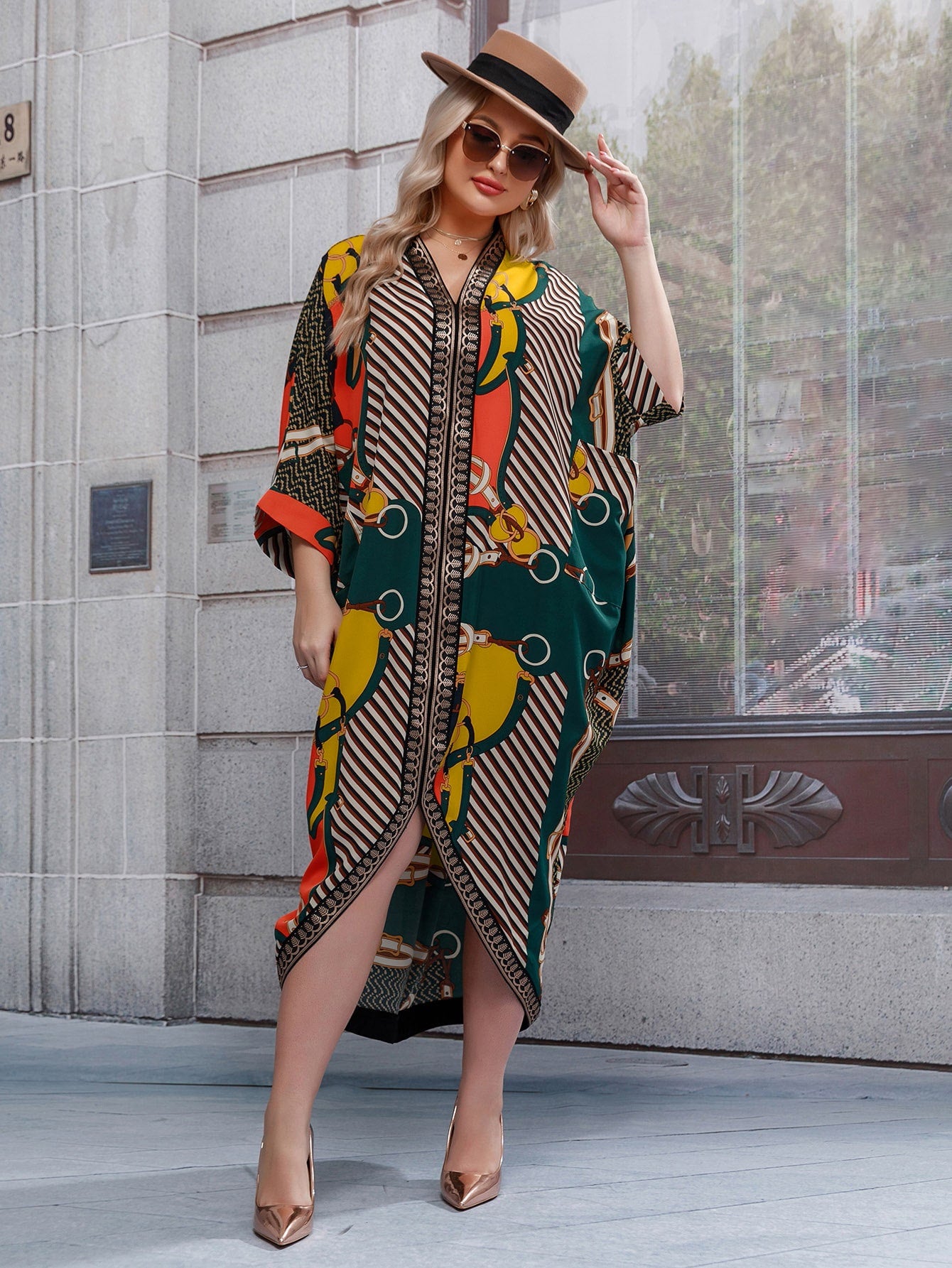 Modely Plus Chevron And Chain Print Kaftan Dress - Passion of Essence Boutique