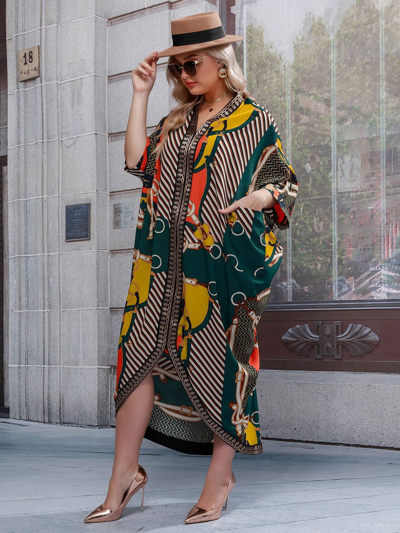 Modely Plus Chevron And Chain Print Kaftan Dress - Passion of Essence Boutique