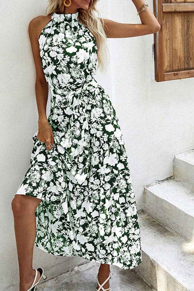 Boho Halter Floral Print Sleeveless Long Split Dress
