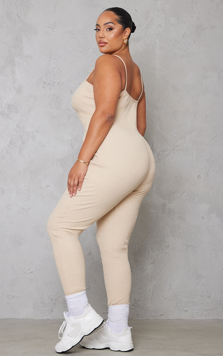 Plus Oatmeal Seam Detail Rib Jumpsuit - Passion of Essence Boutique