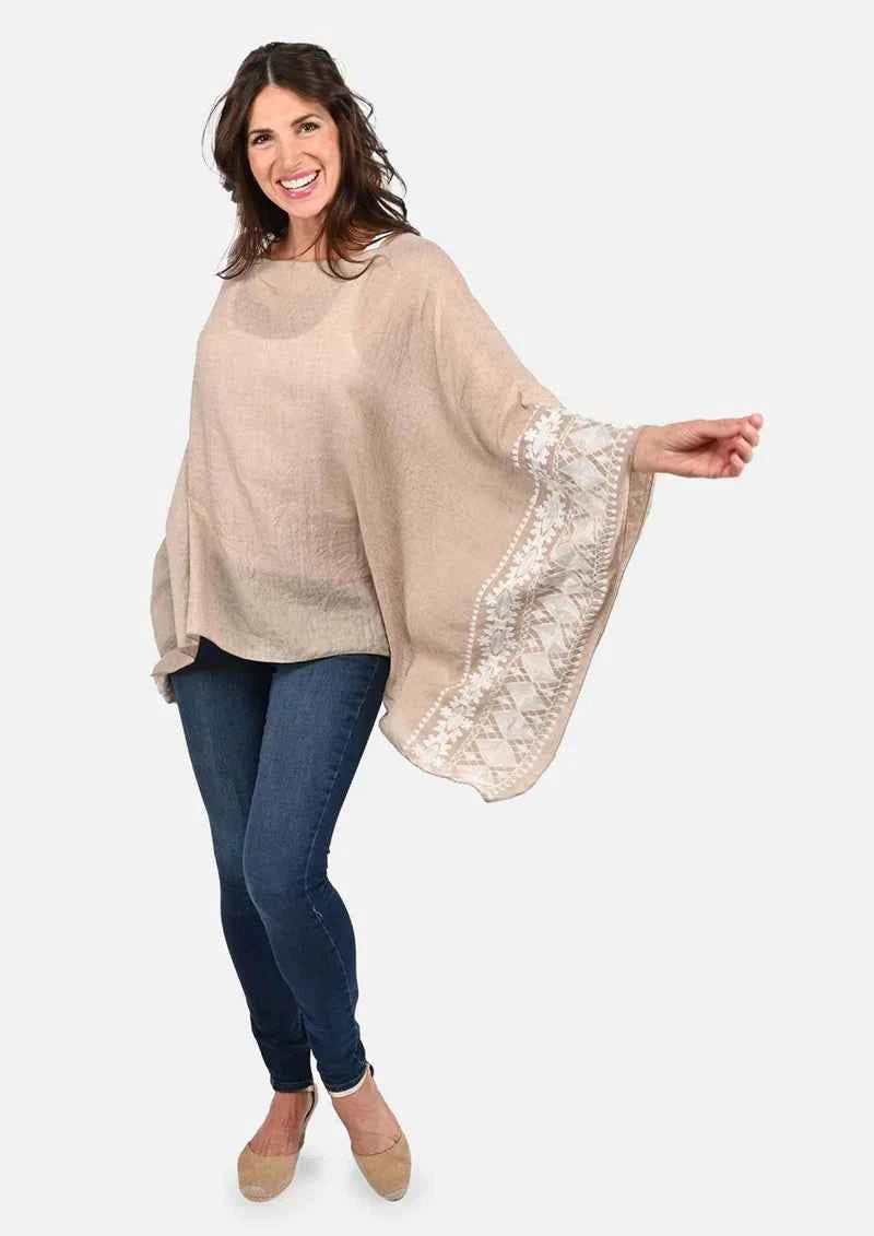 Passion Beige White Embroidered Sleeve Boat Neck Kaftan Top