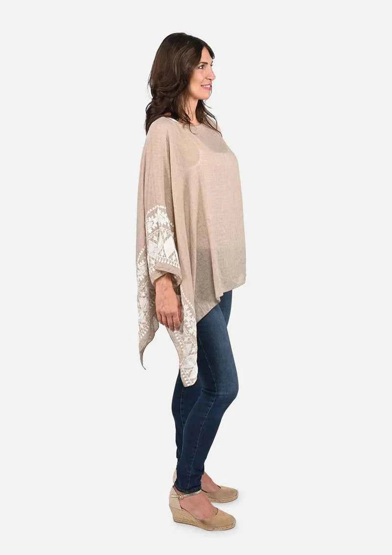 Passion Beige White Embroidered Sleeve Boat Neck Kaftan Top