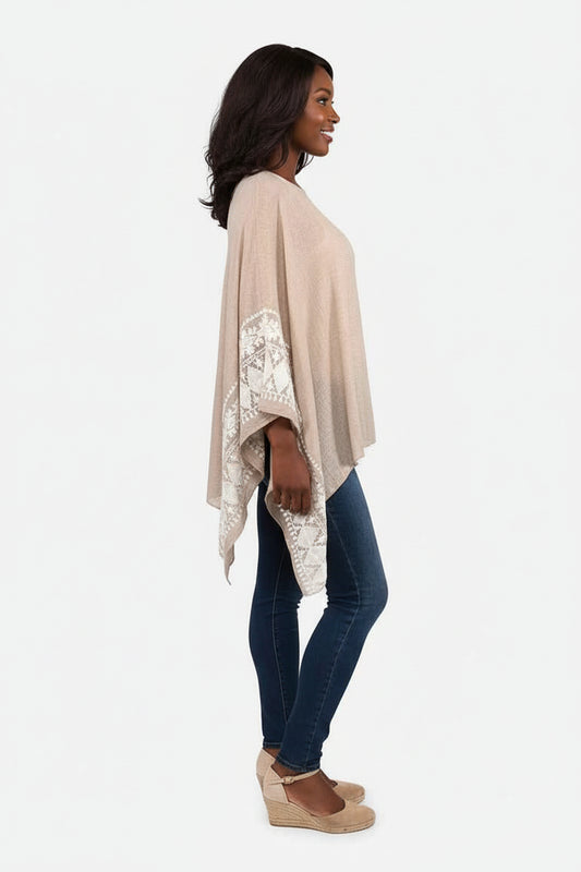 Passion Beige White Embroidered Sleeve Boat Neck Kaftan Top