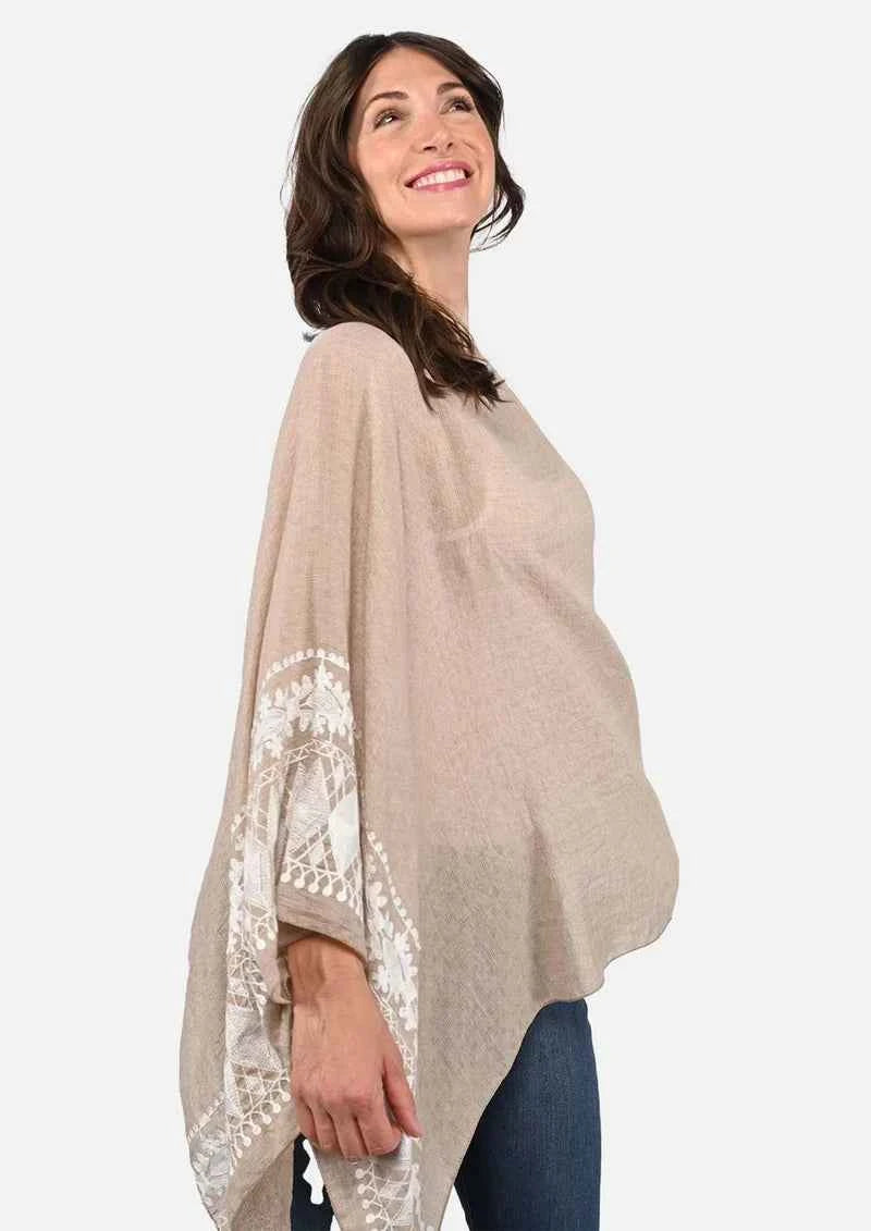 Passion Beige White Embroidered Sleeve Boat Neck Kaftan Top