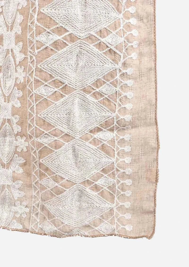 Passion Beige White Embroidered Sleeve Boat Neck Kaftan Top