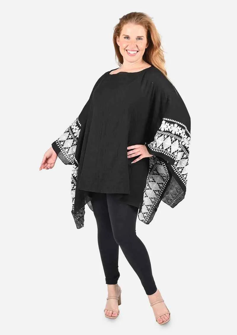Passion Black White Embroidered Sleeve Boat Neck Kaftan Top