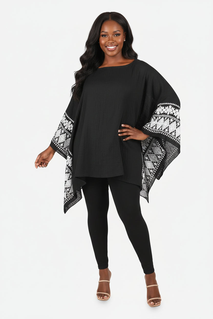 Passion Black White Embroidered Sleeve Boat Neck Kaftan Top