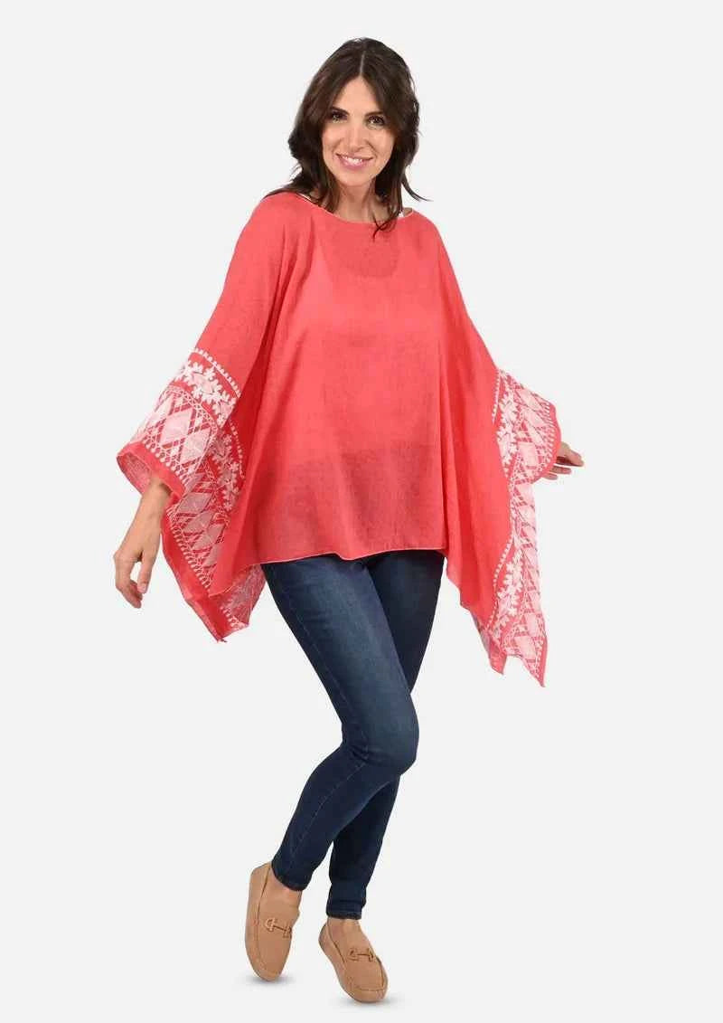 Passion Red White Embroidered Sleeve Boat Neck Kaftan Top