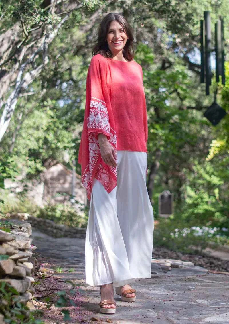 Passion Red White Embroidered Sleeve Boat Neck Kaftan Top
