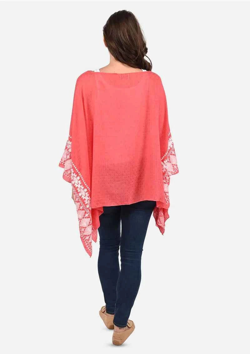 Passion Red White Embroidered Sleeve Boat Neck Kaftan Top