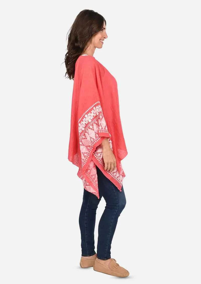 Passion Red White Embroidered Sleeve Boat Neck Kaftan Top