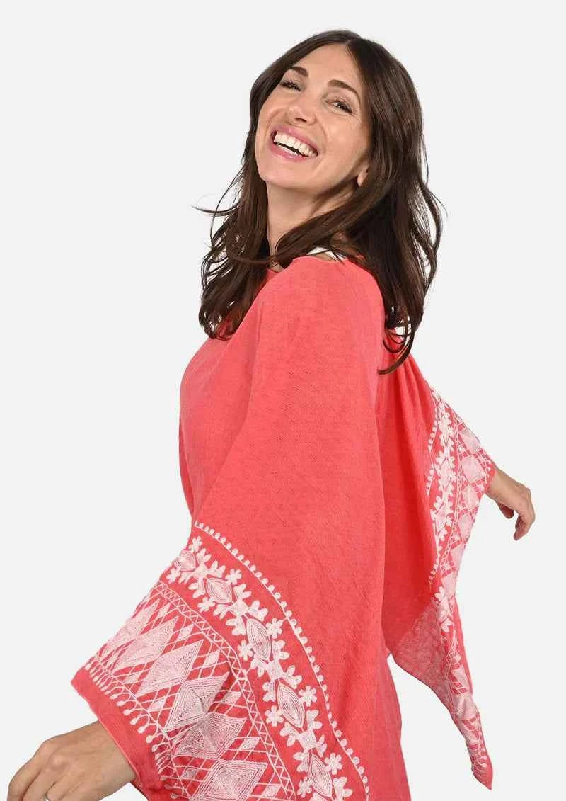 Passion Red White Embroidered Sleeve Boat Neck Kaftan Top