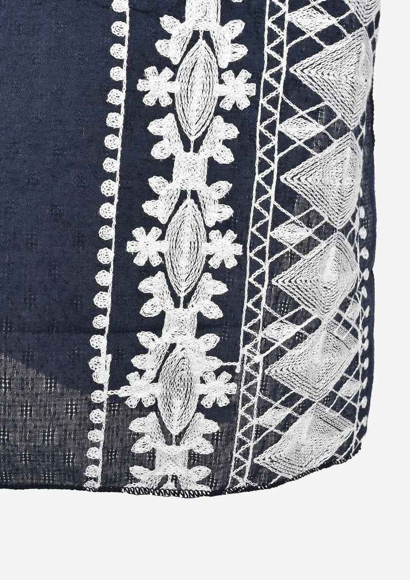 Passion Navy Blue Embroidered Sleeve Boat Neck Kaftan Top