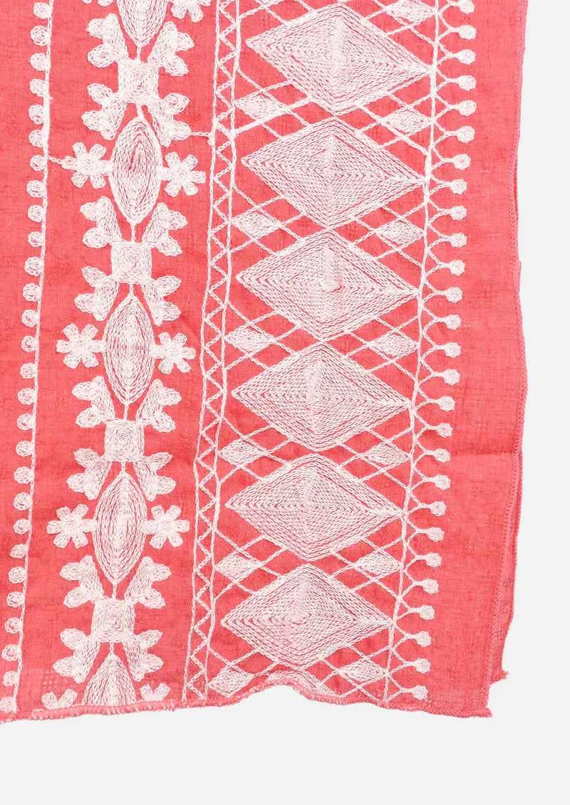 Passion Red White Embroidered Sleeve Boat Neck Kaftan Top