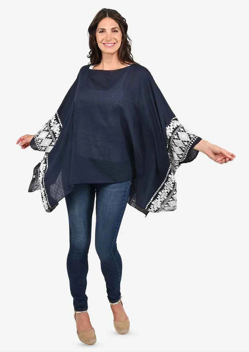 Passion Navy Blue Embroidered Sleeve Boat Neck Kaftan Top