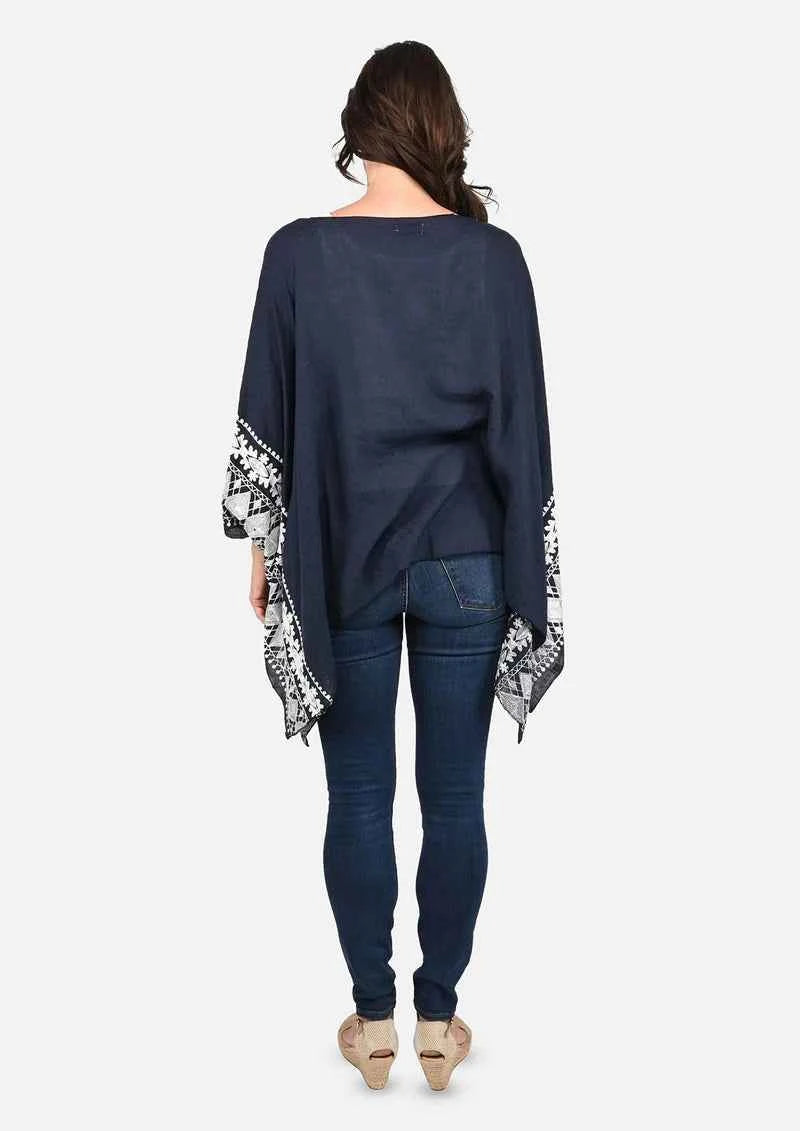 Passion Navy Blue Embroidered Sleeve Boat Neck Kaftan Top