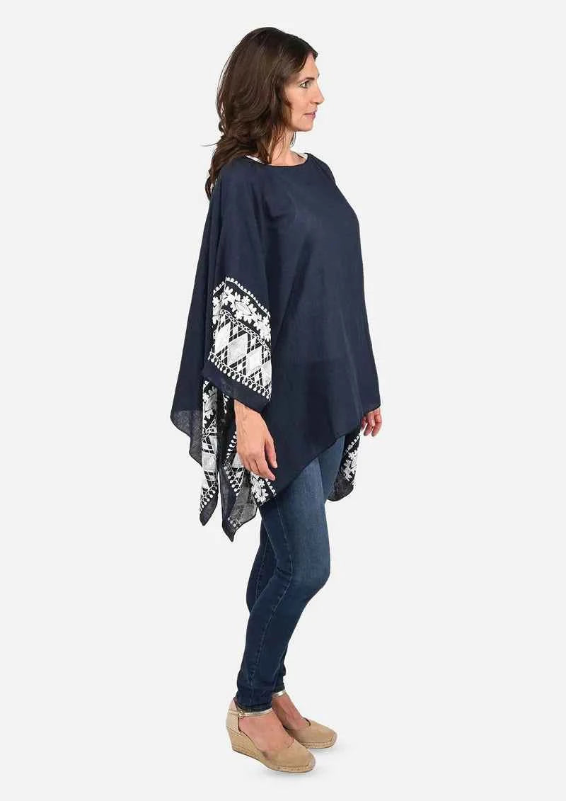 Passion Navy Blue Embroidered Sleeve Boat Neck Kaftan Top