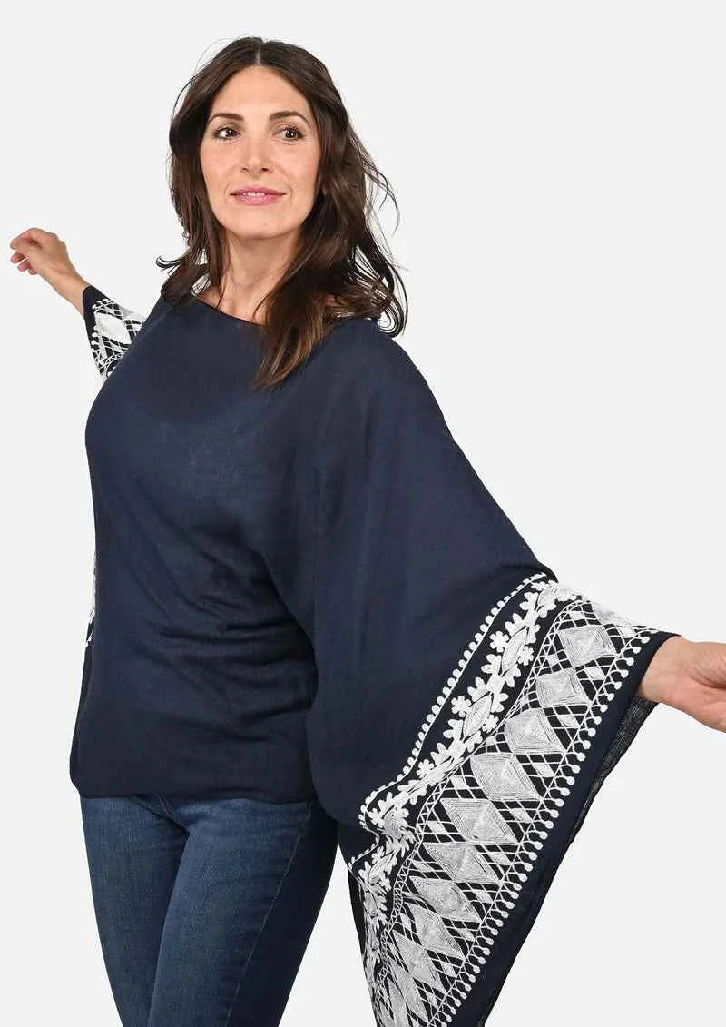 Passion Navy Blue Embroidered Sleeve Boat Neck Kaftan Top