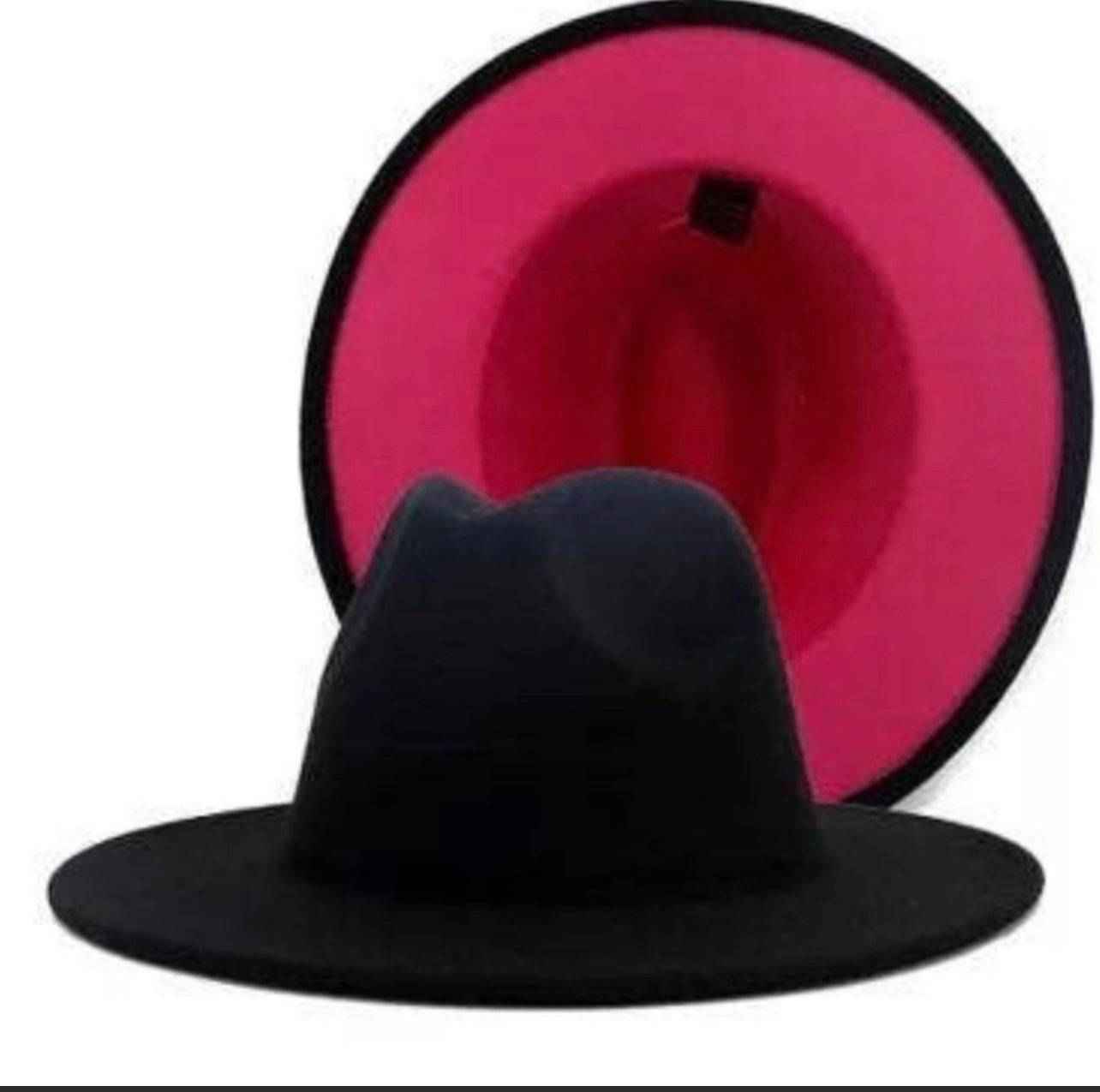 Two Color Black and Pink Felt Flat Brim Fashion Fedora Hat