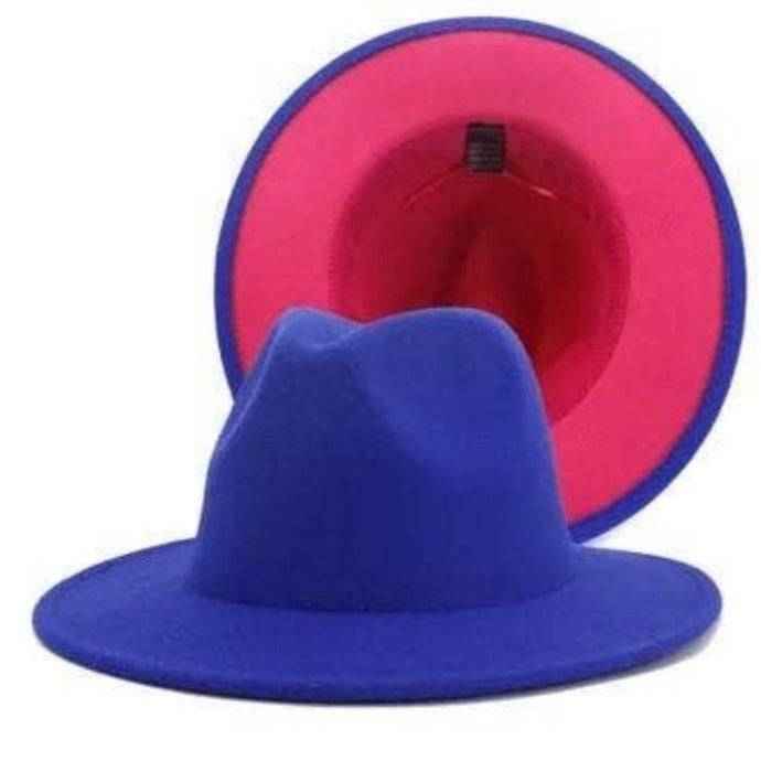 Two Color Blue + Pink Felt Flat Brim Fashion Fedora Hat