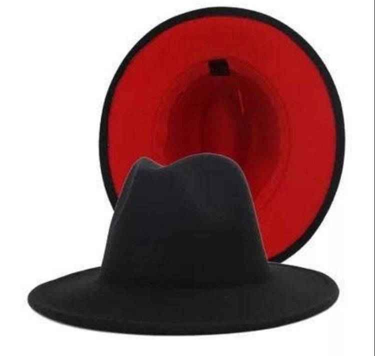 Two Color Black + Red Felt Flat Brim Fashion Fedora Hat