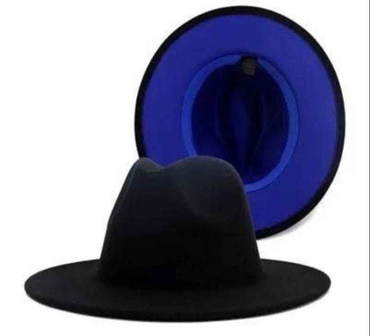 Two Color Black + Blue Felt Flat Brim Fashion Fedora Hat