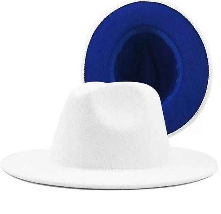 Two Color White and Blue Felt Flat Brim Fashion Fedora Hat