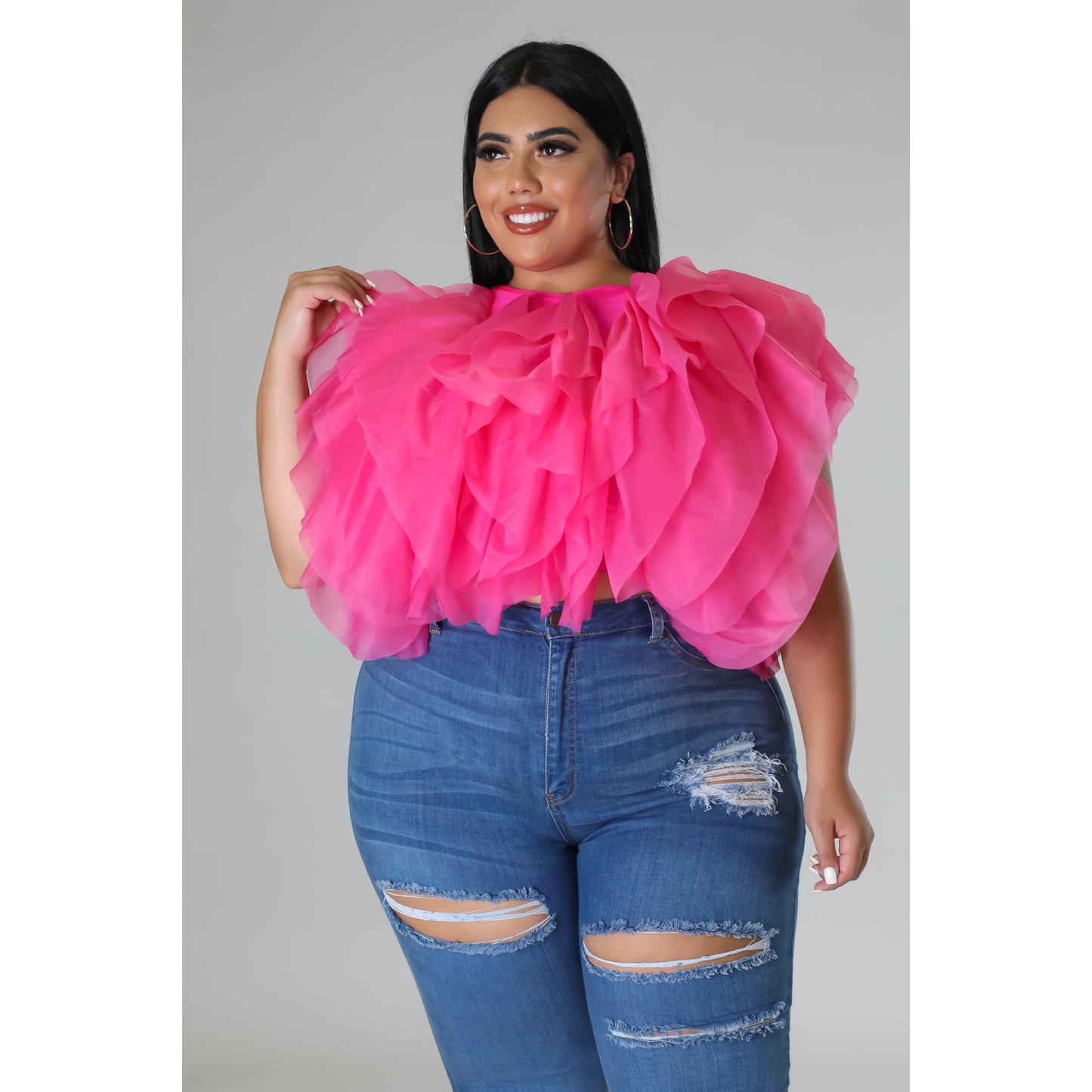 PLUS SIZE RUFFLE TULLE CROP TOP BLOUSE - Passion of Essence Boutique