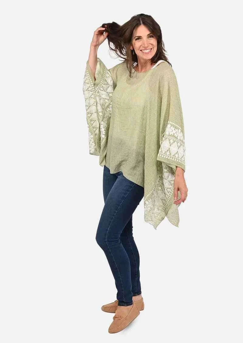 Passion Sage Green White Embroidered Sleeve Boat Neck Kaftan Top