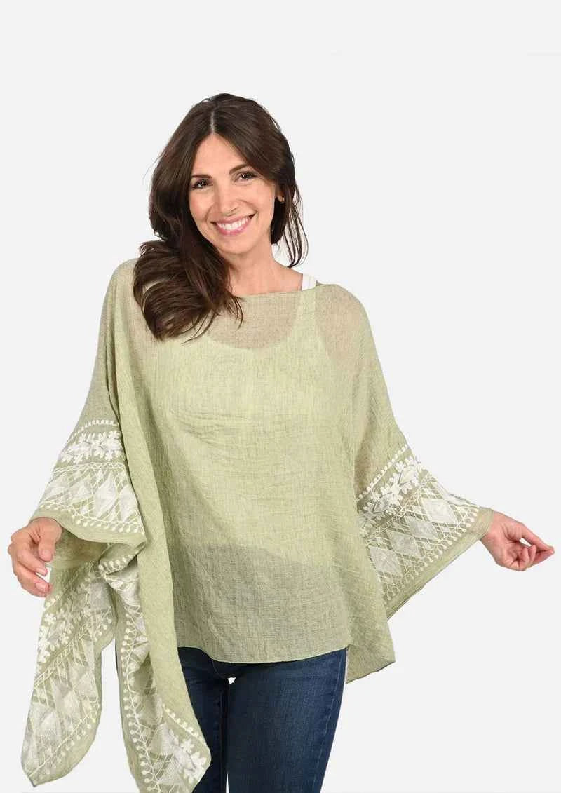 Passion Sage Green White Embroidered Sleeve Boat Neck Kaftan Top