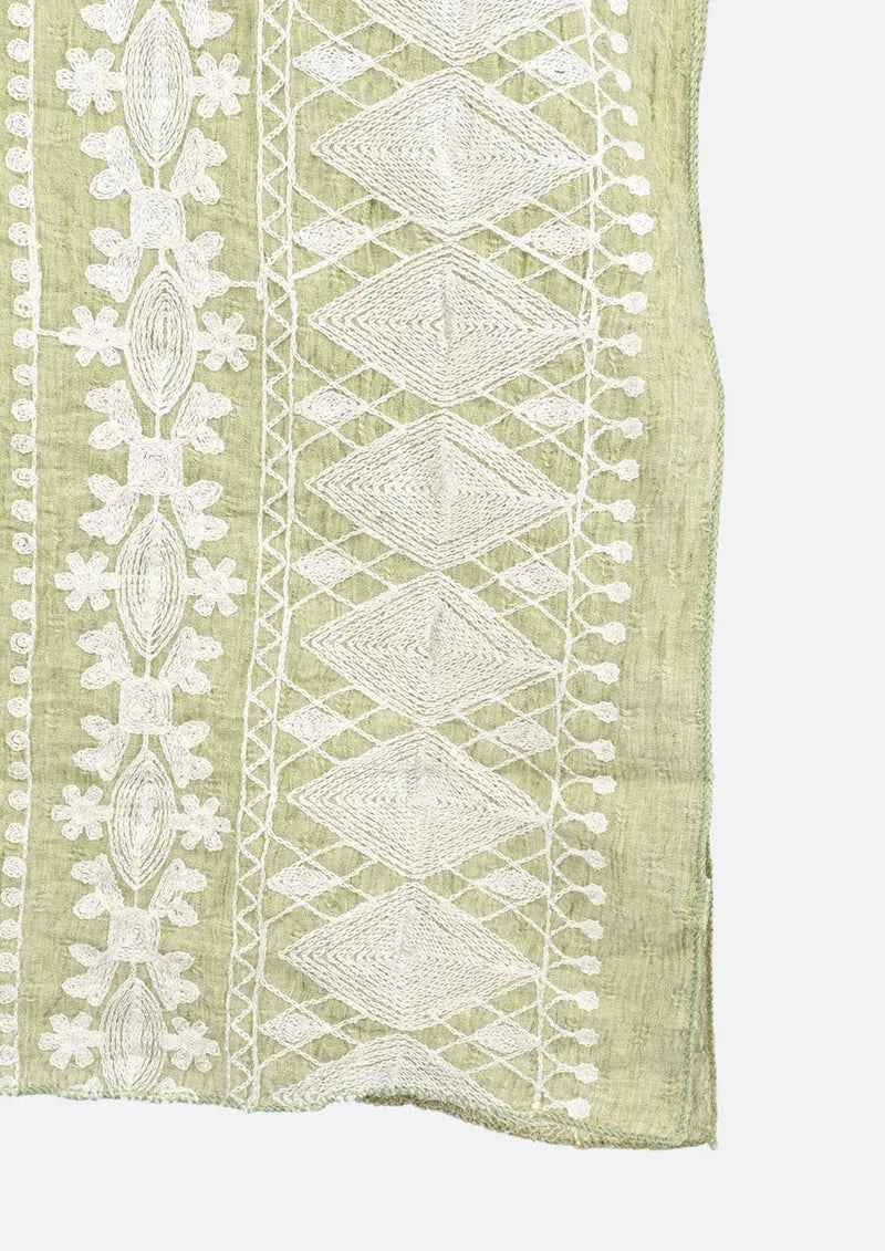 Passion Sage Green White Embroidered Sleeve Boat Neck Kaftan Top