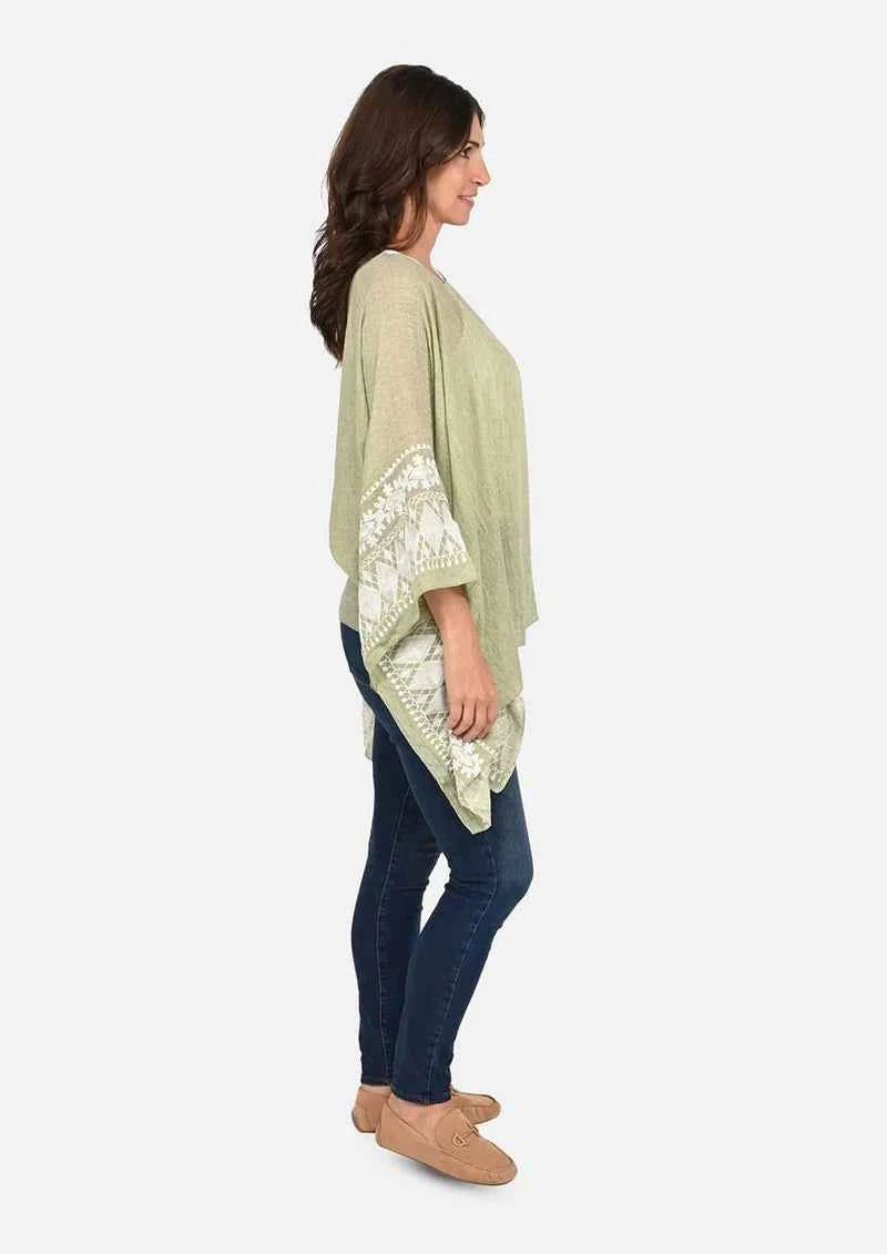 Passion Sage Green White Embroidered Sleeve Boat Neck Kaftan Top