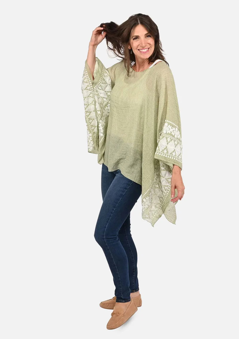 Passion Sage Green White Embroidered Sleeve Boat Neck Kaftan Top - Passion of Essence Boutique