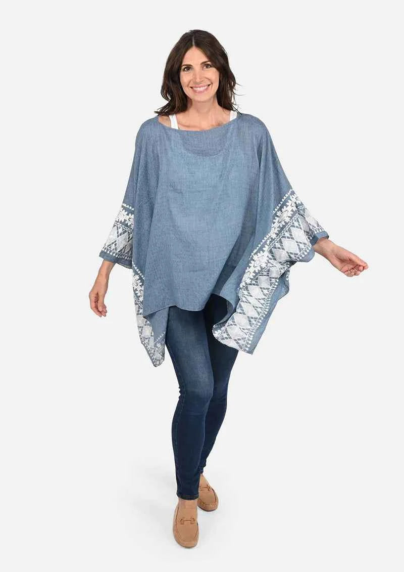Passion Slate Blue White Embroidered Sleeve Boat Neck Kaftan Top