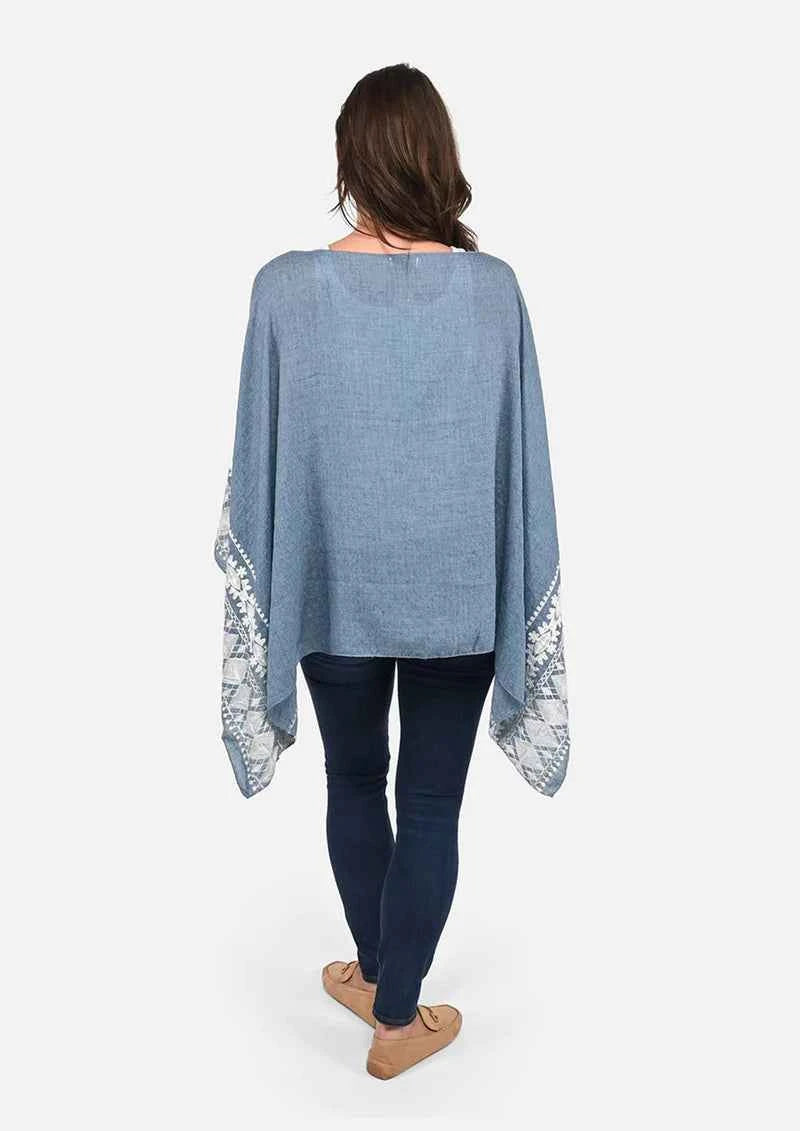 Passion Slate Blue White Embroidered Sleeve Boat Neck Kaftan Top