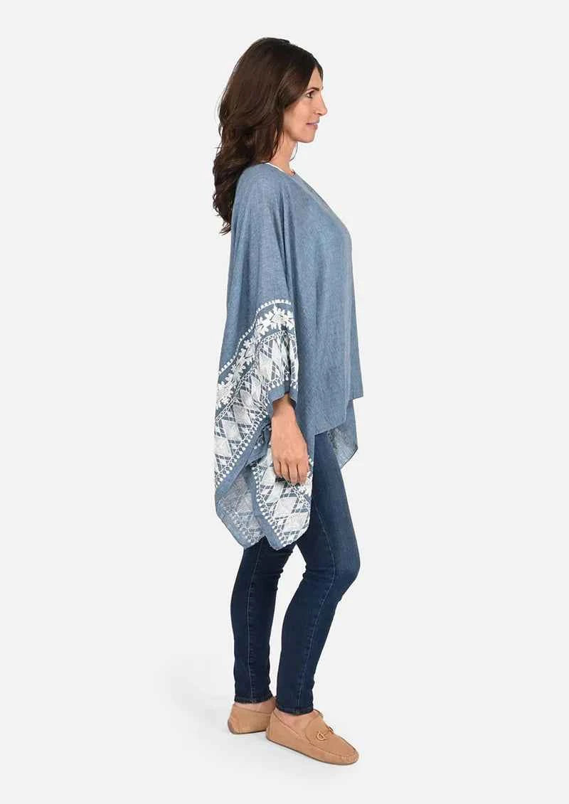 Passion Slate Blue White Embroidered Sleeve Boat Neck Kaftan Top