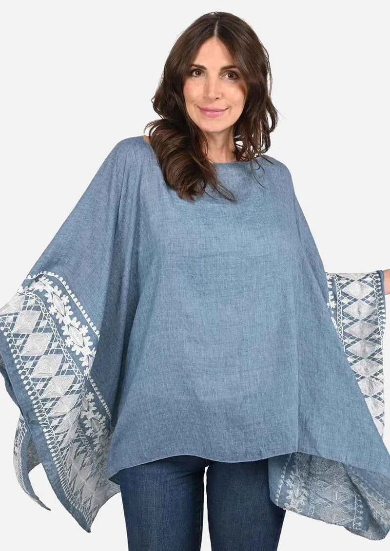 Passion Slate Blue White Embroidered Sleeve Boat Neck Kaftan Top