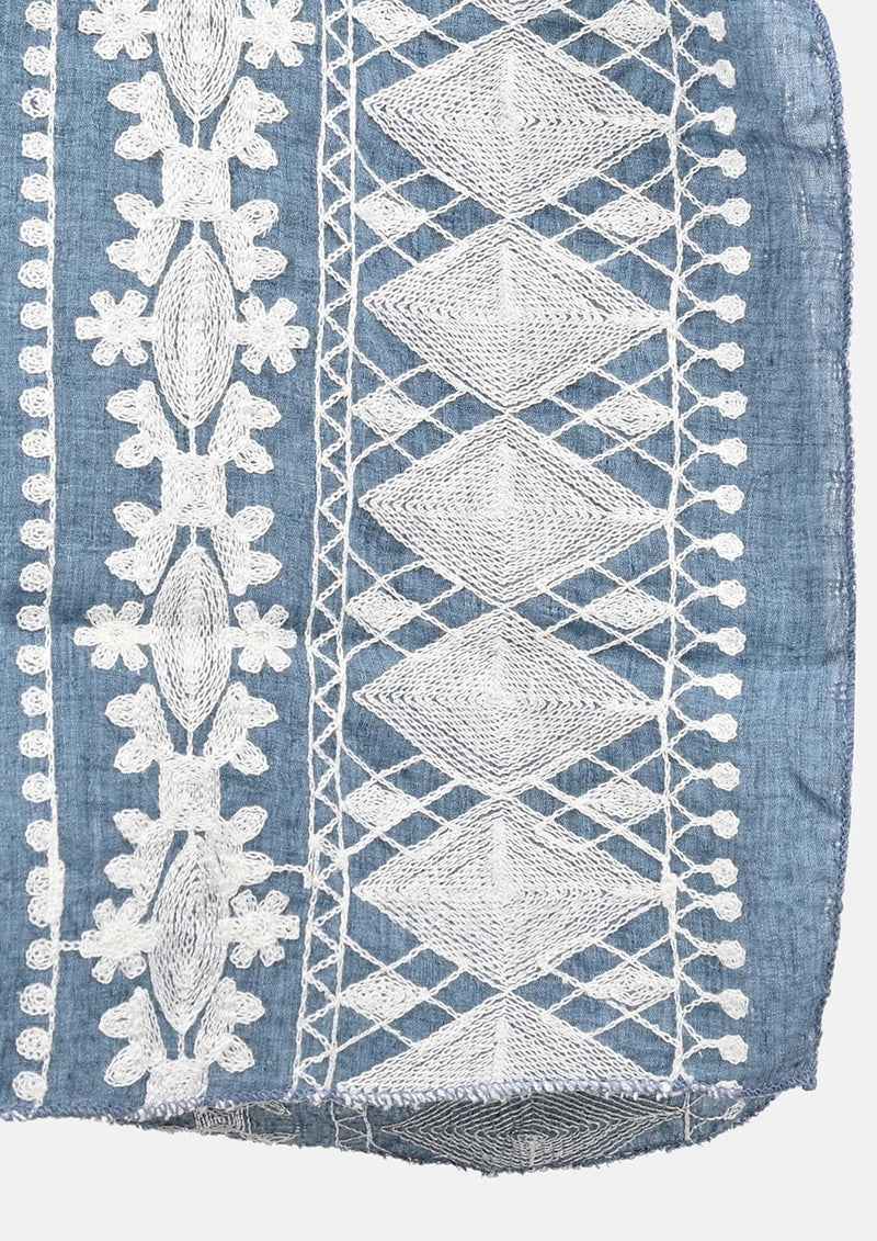 Passion Slate Blue White Embroidered Sleeve Boat Neck Kaftan Top