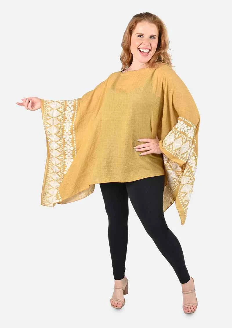 Passion Yellow White Embroidered Sleeve Boat Neck Kaftan Top