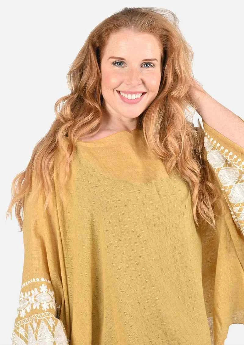 Passion Yellow White Embroidered Sleeve Boat Neck Kaftan Top