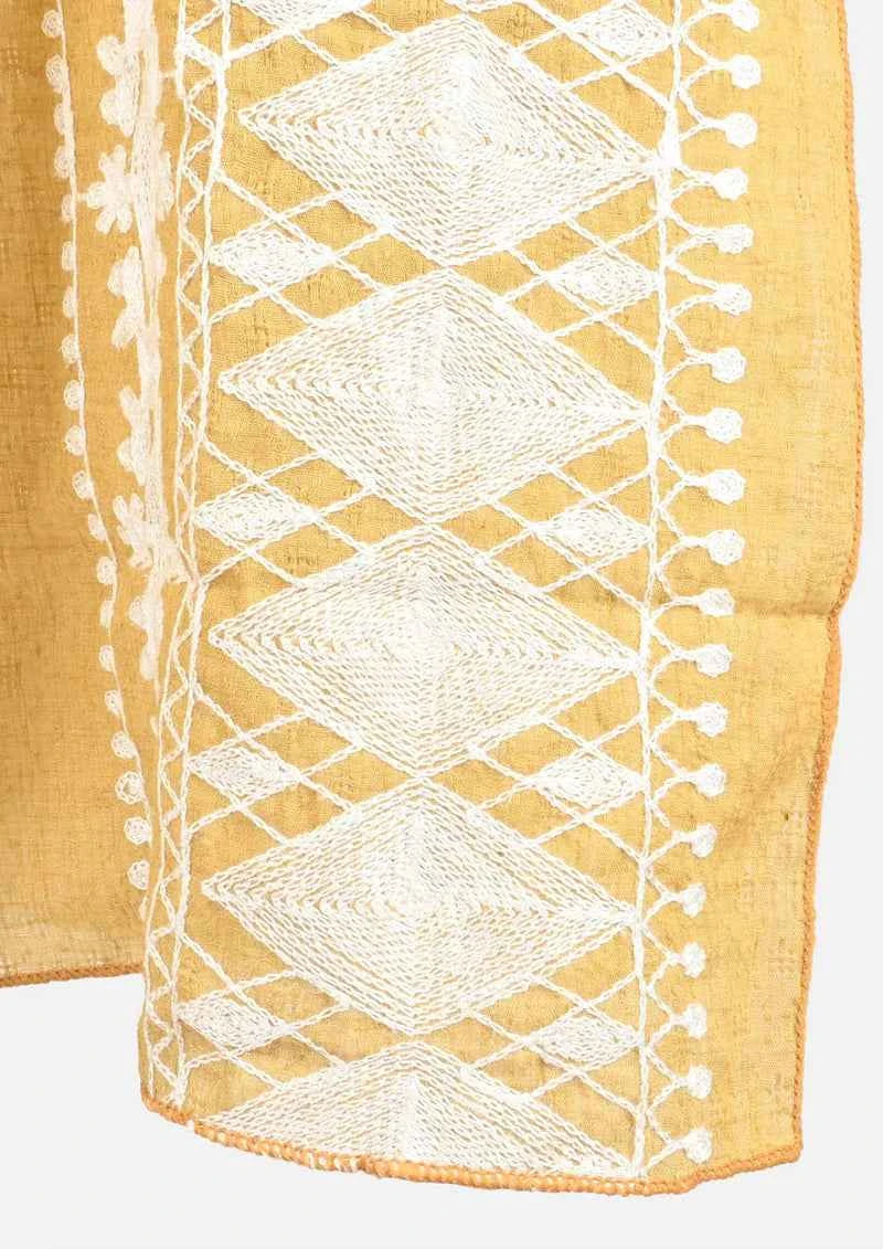 Passion Yellow White Embroidered Sleeve Boat Neck Kaftan Top