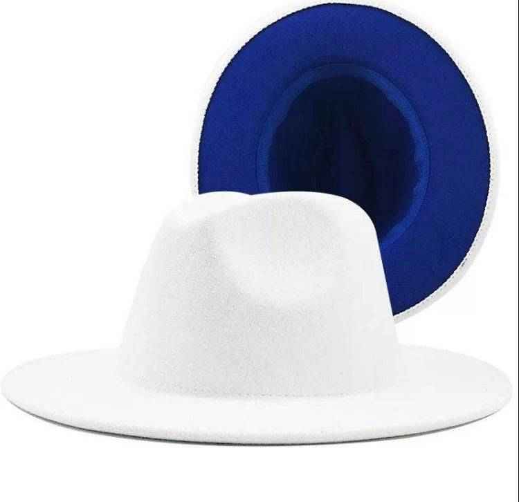 Two Color White and Blue Felt Flat Brim Fashion Fedora Hat