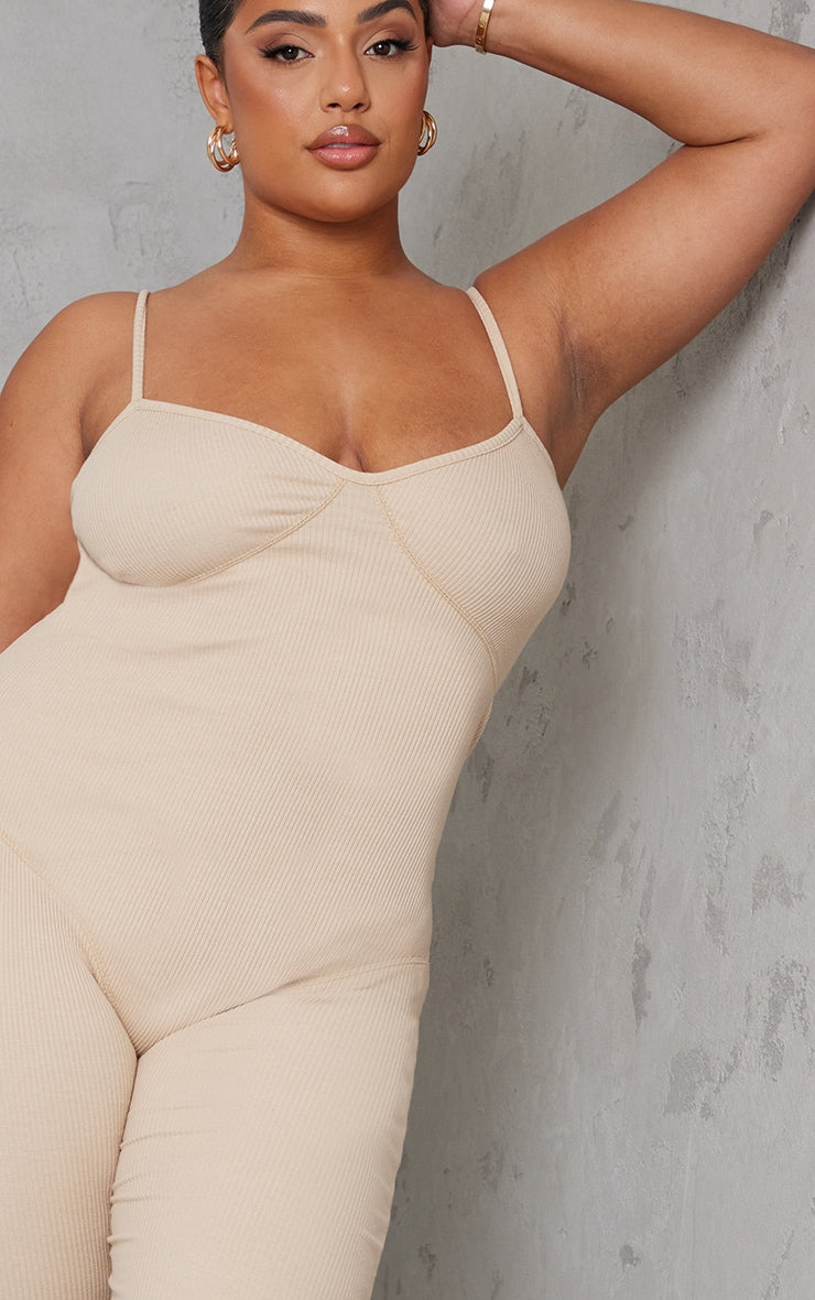 Plus Oatmeal Seam Detail Rib Jumpsuit - Passion of Essence Boutique