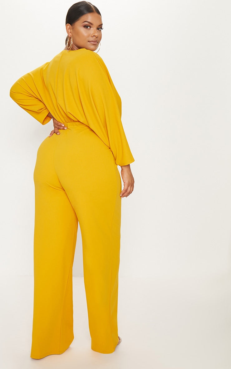 Plus Mustard Crepe Batwing Cut Out Jumpsuit - Passion of Essence Boutique