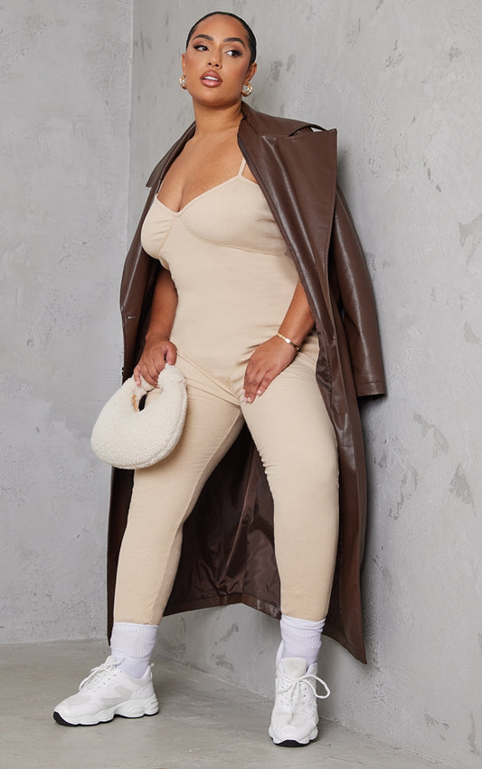 Plus Oatmeal Seam Detail Rib Jumpsuit - Passion of Essence Boutique