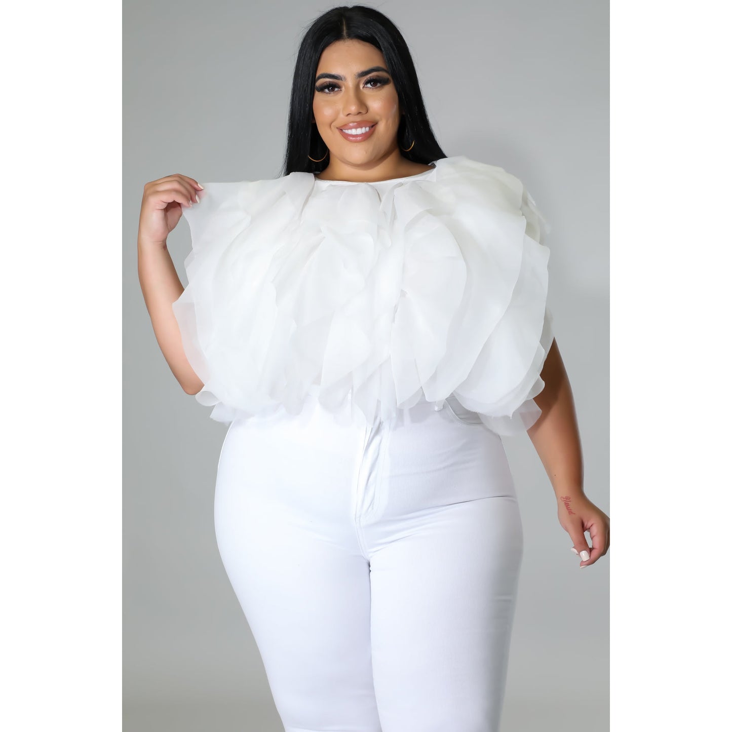 PLUS SIZE RUFFLE TULLE CROP TOP BLOUSE - Passion of Essence Boutique